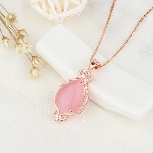 Natural Crystal Hibiscus Stone Pendant Rose Gold Chain - Image 2
