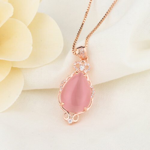 Natural Crystal Hibiscus Stone Pendant Rose Gold Chain - Image 3