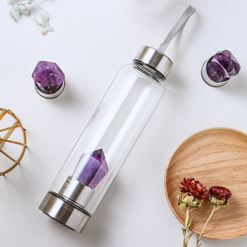 Natural Amethyst Energy Glass Water Bottle - Image 2