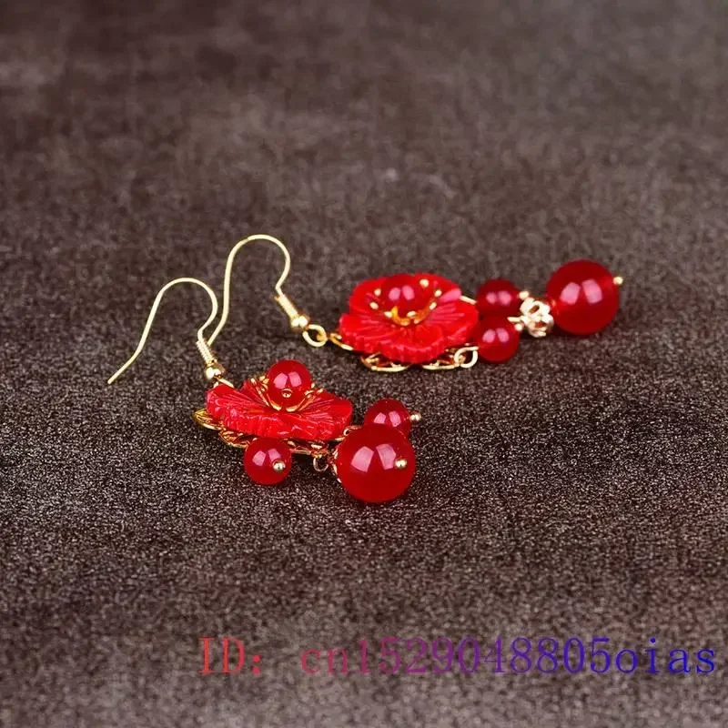 Red Jade Flower Earrings Natural Crystal 925 Silver Charm - Image 2