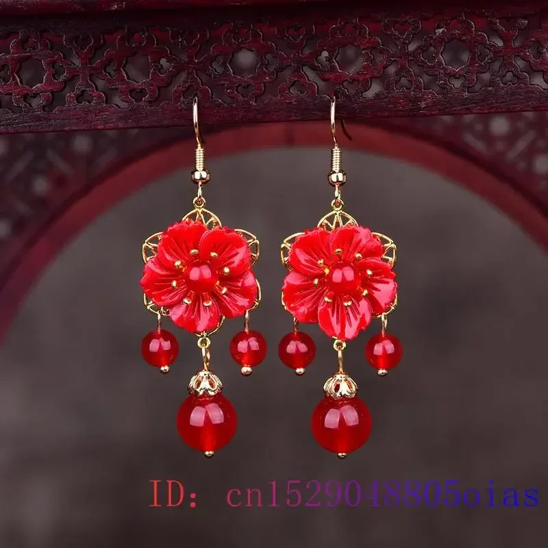 Red Jade Flower Earrings Natural Crystal 925 Silver Charm - Image 4