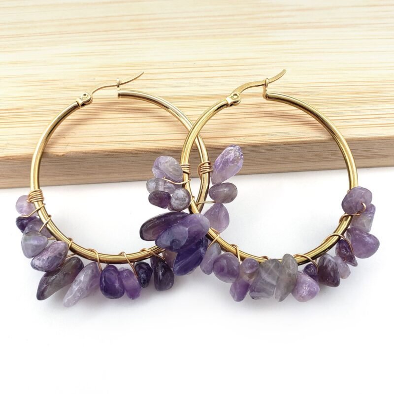 Circle Natural Crystal Stone Stainless Steel Earrings - Image 5