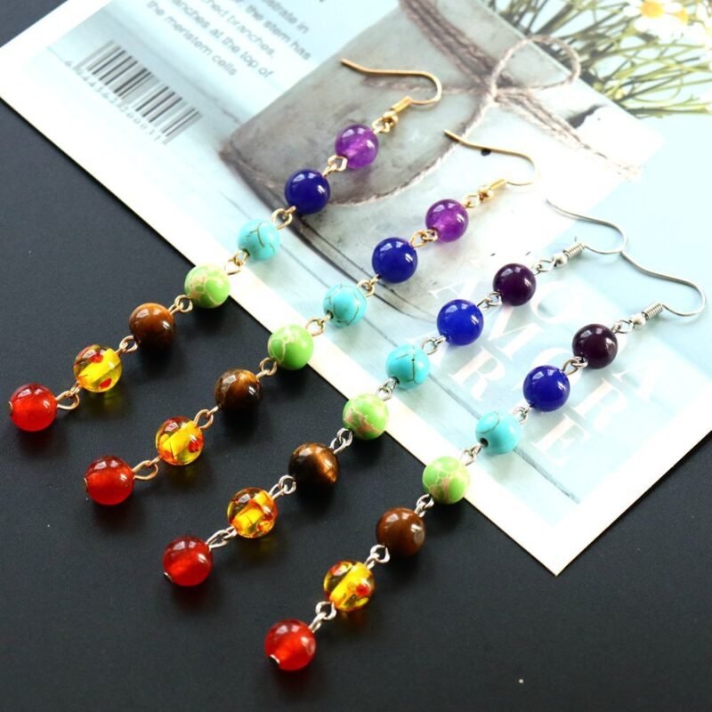 Women's Natural 7 Crystal Stone Round Bead Earrings