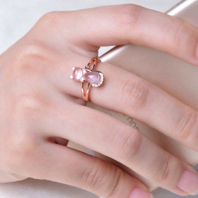 Rose Gold Plated Pink Crystal Cat Ring - Image 2