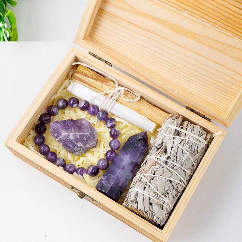 Natural Crystal Amethyst Wooden Box Set Gift