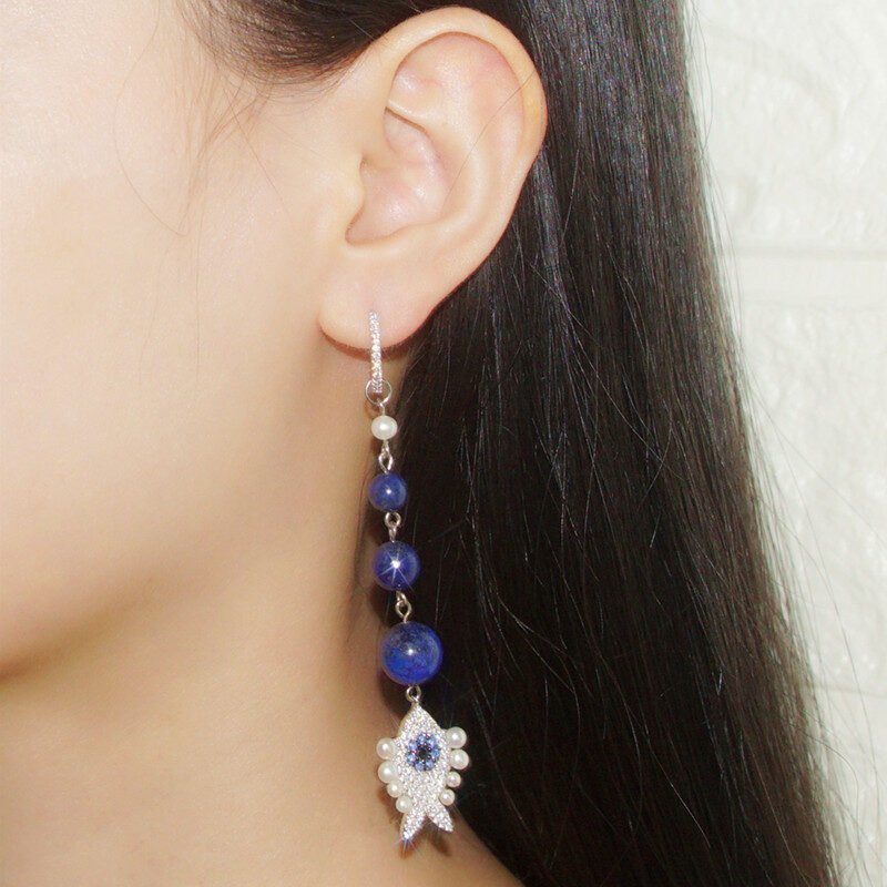 Elegant Turquoise & Lapis Lazuli Small Fish Earrings - Image 4