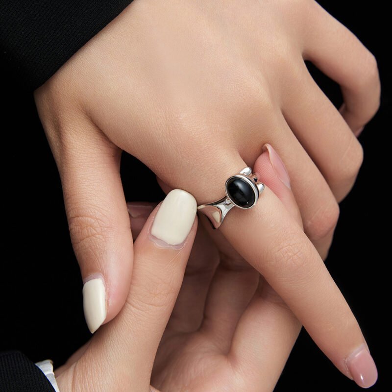 S925 Natural Black Agate Ring