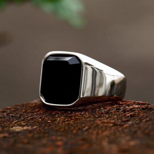 Stainless Steel Black Agate Ring Vintage - Image 2