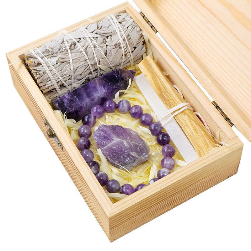 Natural Crystal Amethyst Wooden Box Set Gift - Image 2