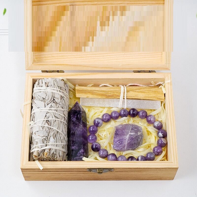 Natural Crystal Amethyst Wooden Box Set Gift - Image 3